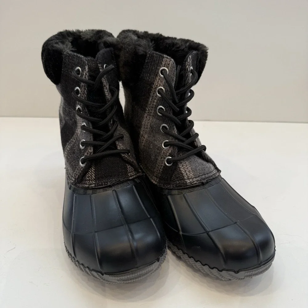 Duck Boots Womens Waterproof Winter Boots Quilted Snow Black Gray‎ Plaid Size 7